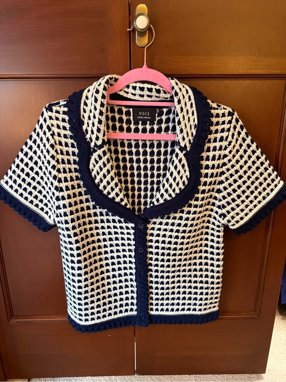 Vici Navy and Cream Crochet Short Sleeve Cardigan
